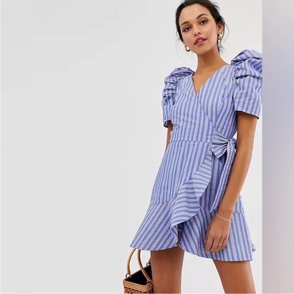 C/MEO Collective Blue and White Ruffled Wrap Sundress